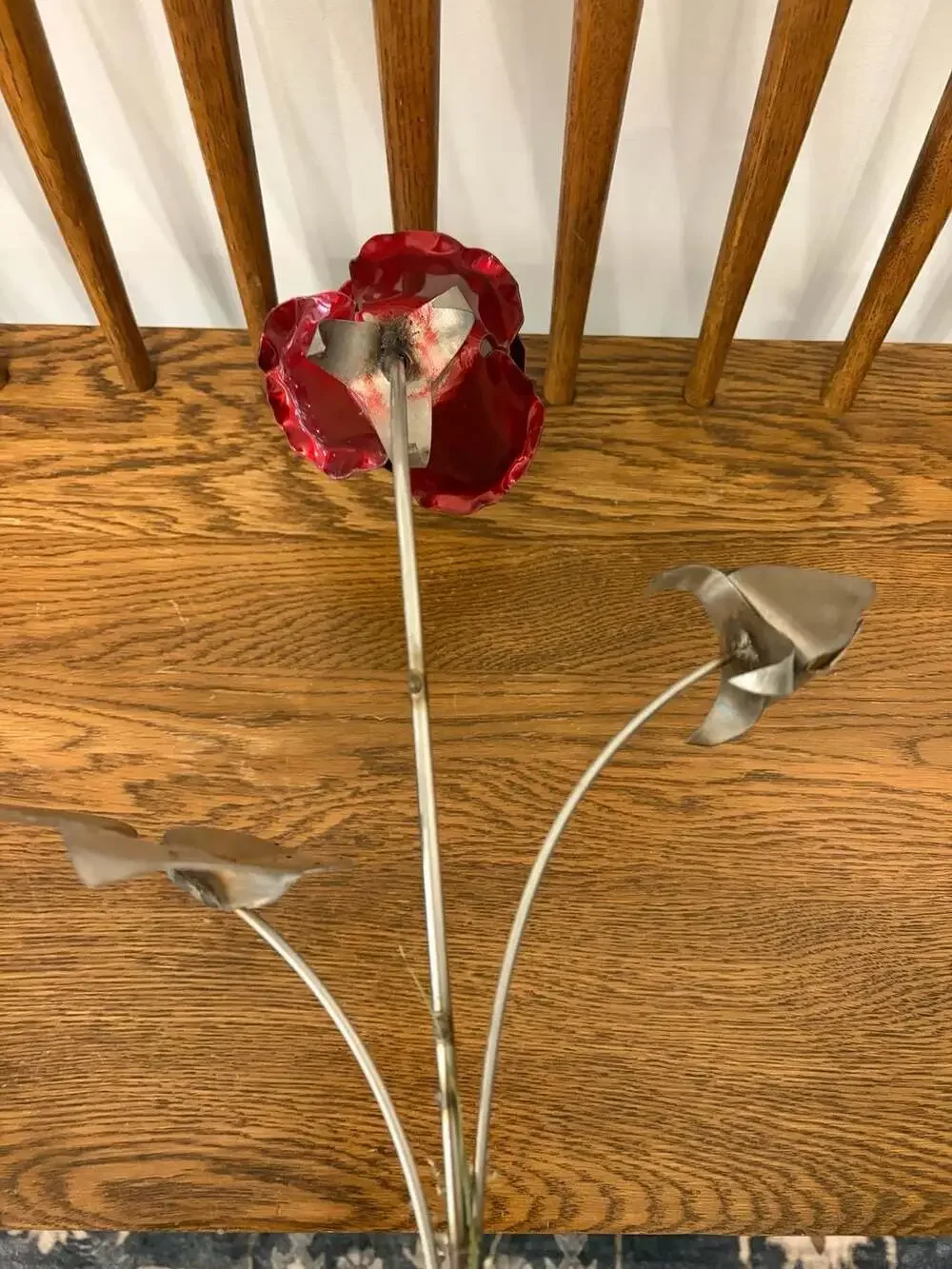 Handmade Metal Red Rose Sculpture Garden Stake
